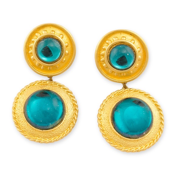 Vintage Cabochon Clip On Earrings Teal Blue Green Acrylic Gold Tone - Picture 2 of 5